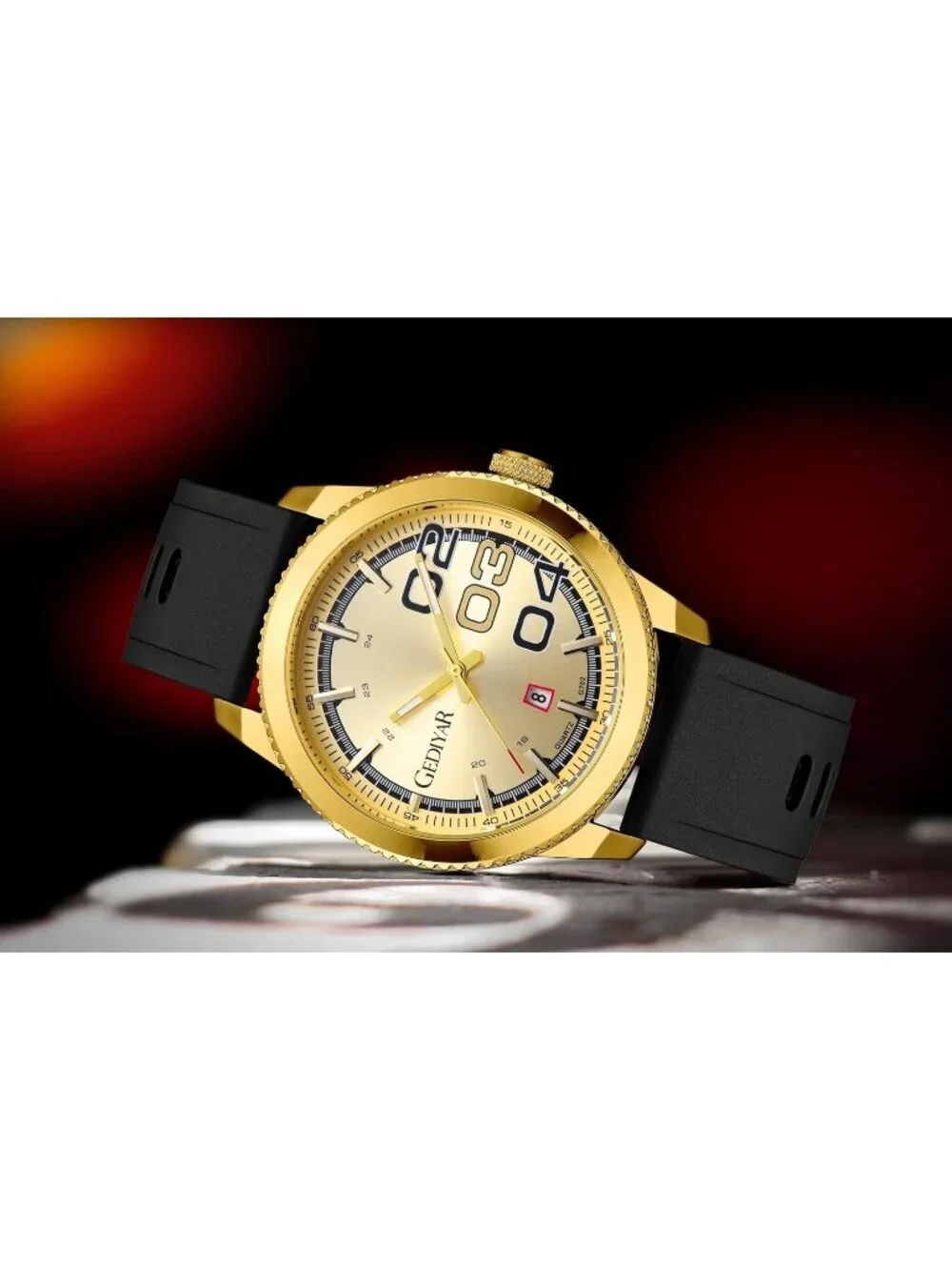 Men's Black And Gold Analog Quartz Silicone Band Waterproof Luminous Wrist Watch